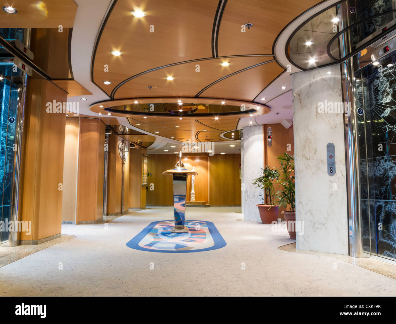 Glass Elevator Bank Foyer, Radiance of the Seas Cruise Ship Stock Photo