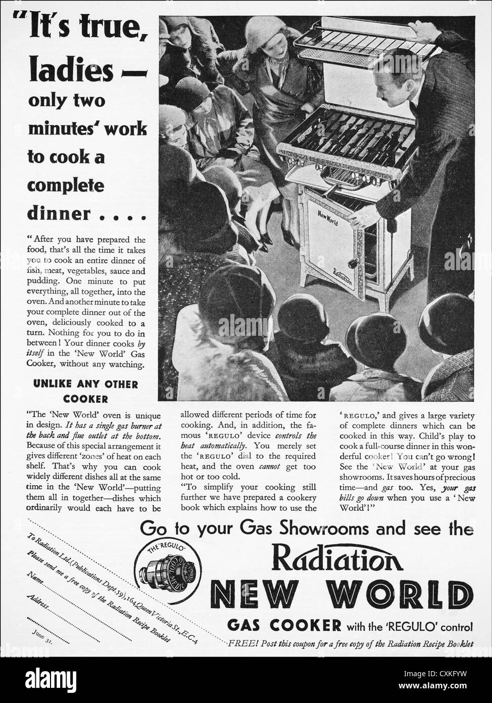 Original 1930s vintage print advertisement from English consumer magazine  advertising NEW WORLD GAS COOKER