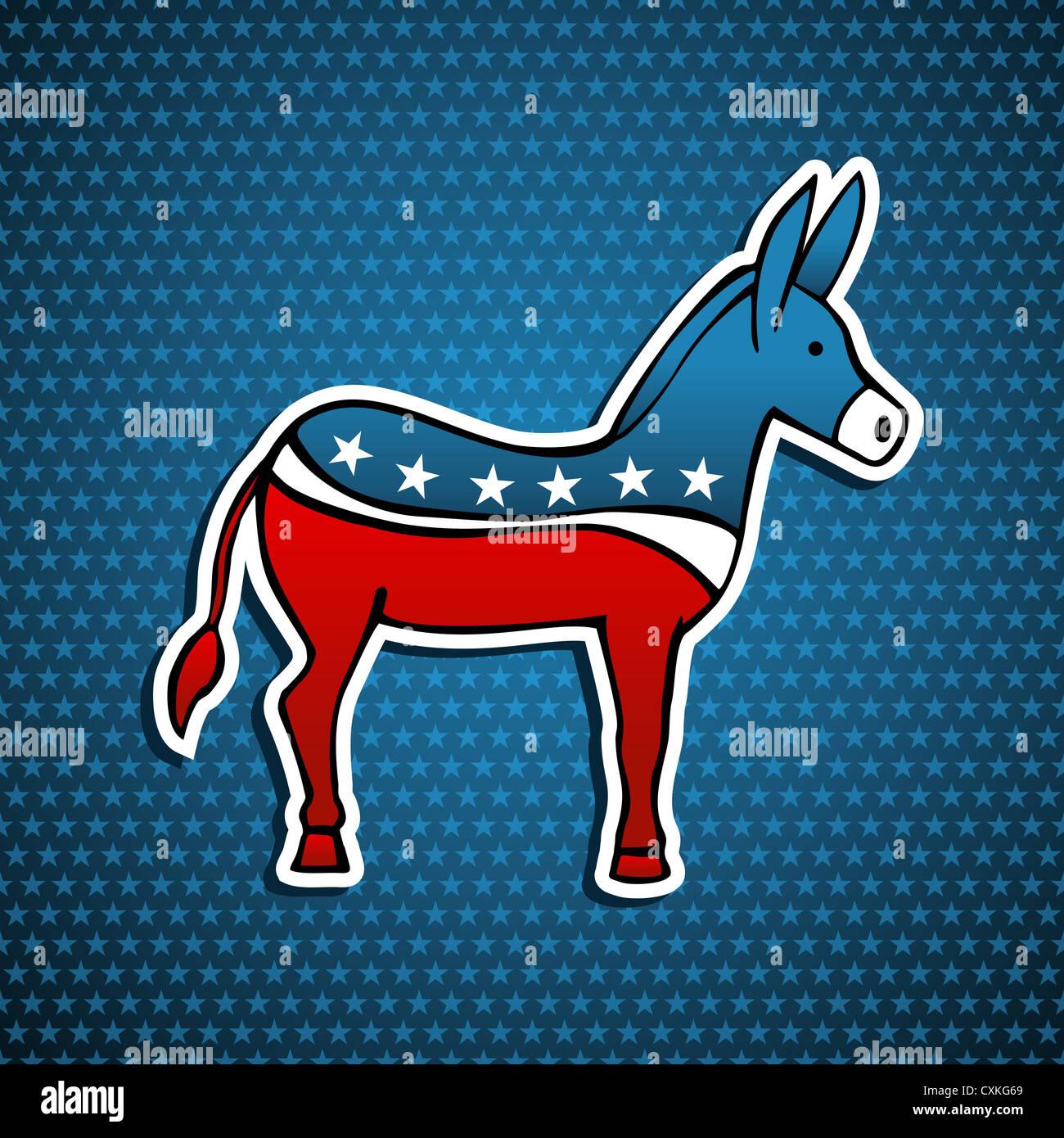 USA elections Democratic donkey symbol in sketch style over blue stars background. Vector file layered for easy manipulation and custom coloring. Stock Photo