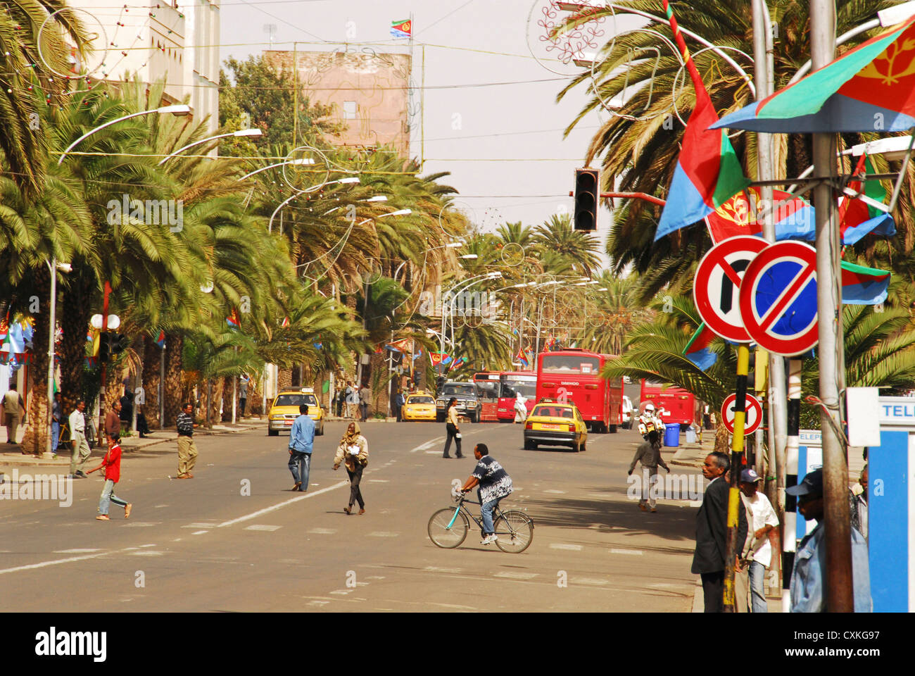 Eritrea, Asmara, a wide avenue in the city center during the anniversary of Eritrea's independence from Ethiopia Stock Photo