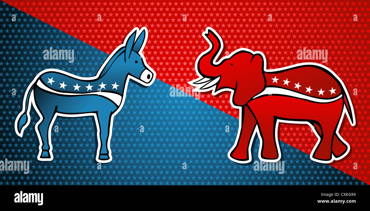 USA elections Democratic vs Republican party in sketch style over stars background. Vector file layered for easy manipulation and custom coloring. Stock Photo