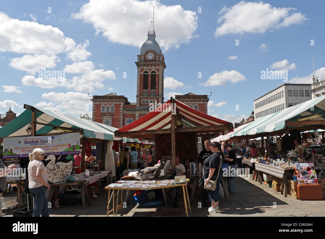 Chesterfield outdoor market square, old market hall in the background