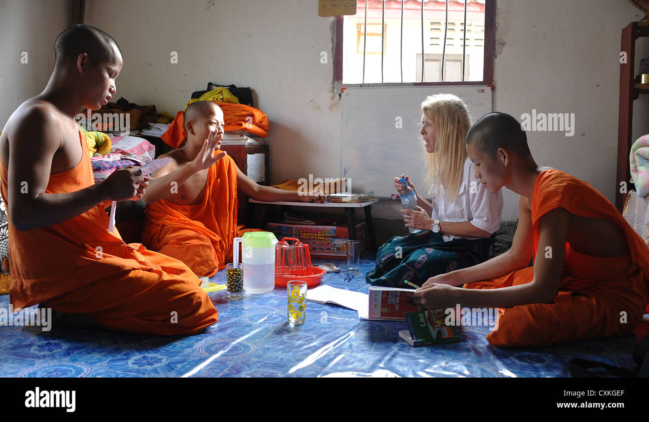 English lesson for monks in temple room. Luang Prabang, Laos. Stock Photo