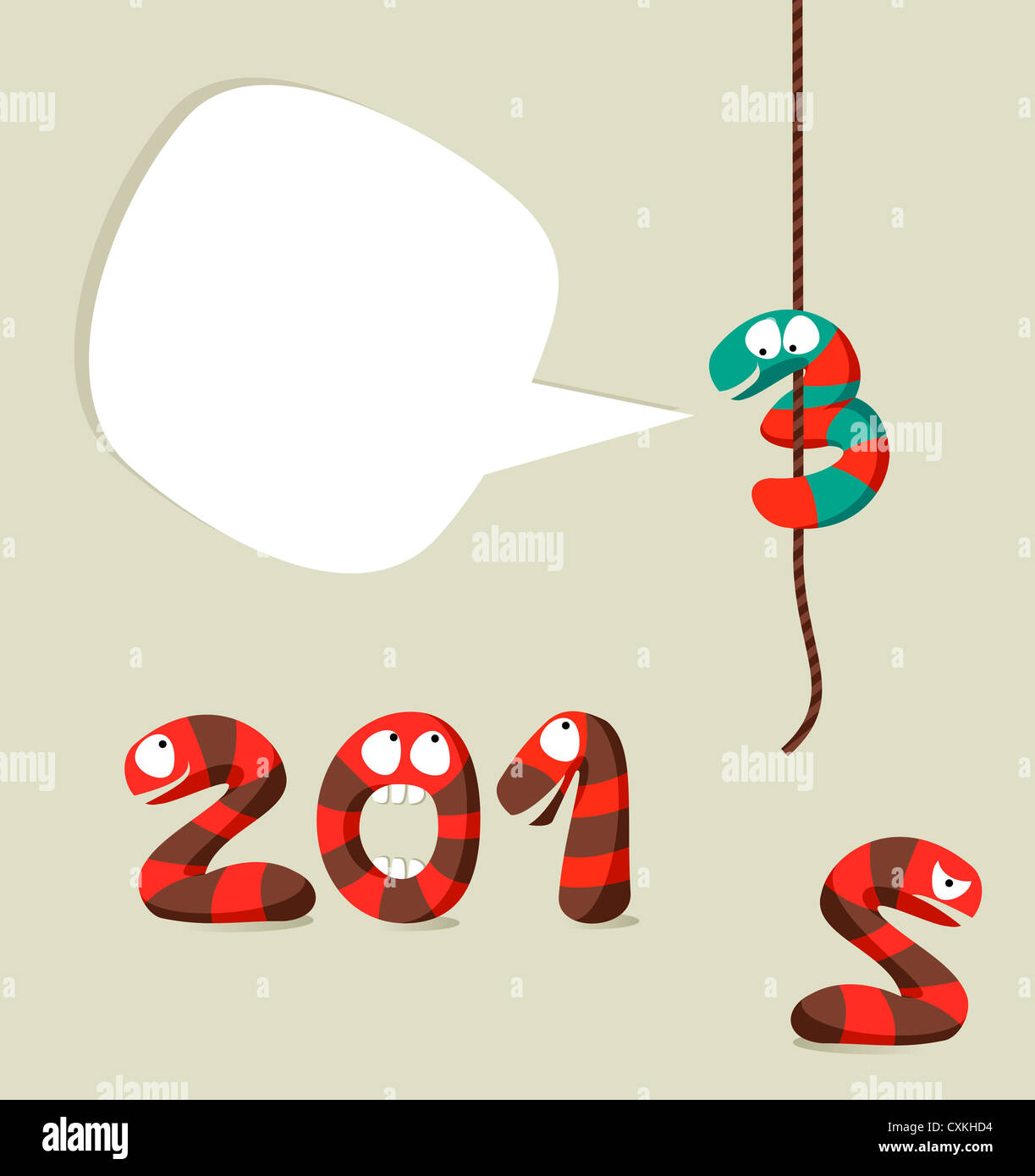 Funny cartoon snakes monsters celebrating the beginning of the new year greeting card template. Vector illustration layered for easy manipulation and custom coloring. Stock Photo