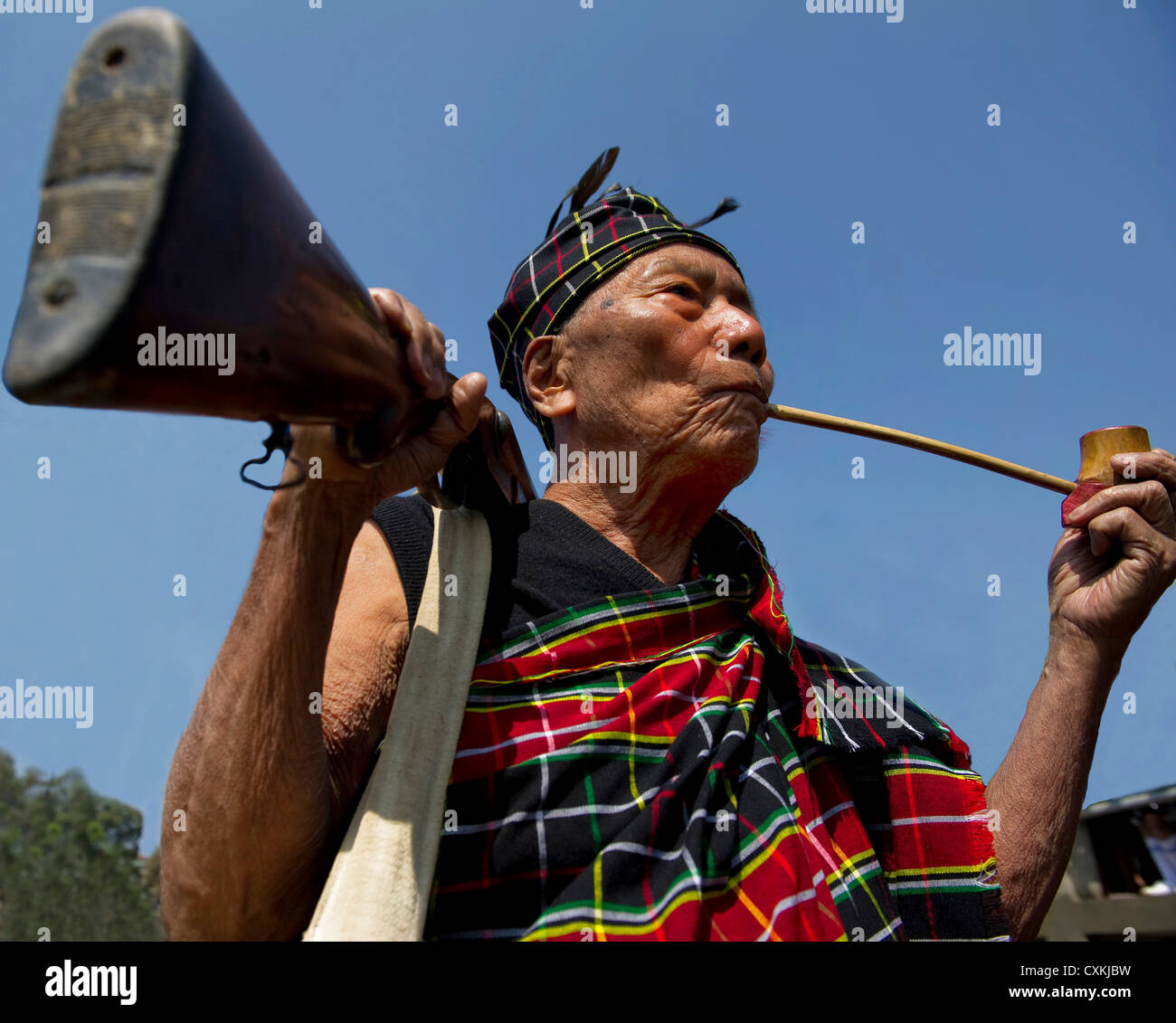 Mizoram, a state in Northeast India, is home to several tribes. This portrait showcases traditional tribal costumes. Stock Photo