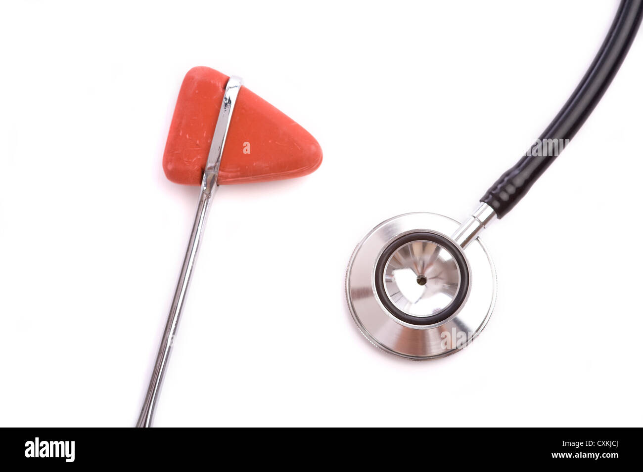 Reflex hammer and stethoscope on a white background Stock Photo