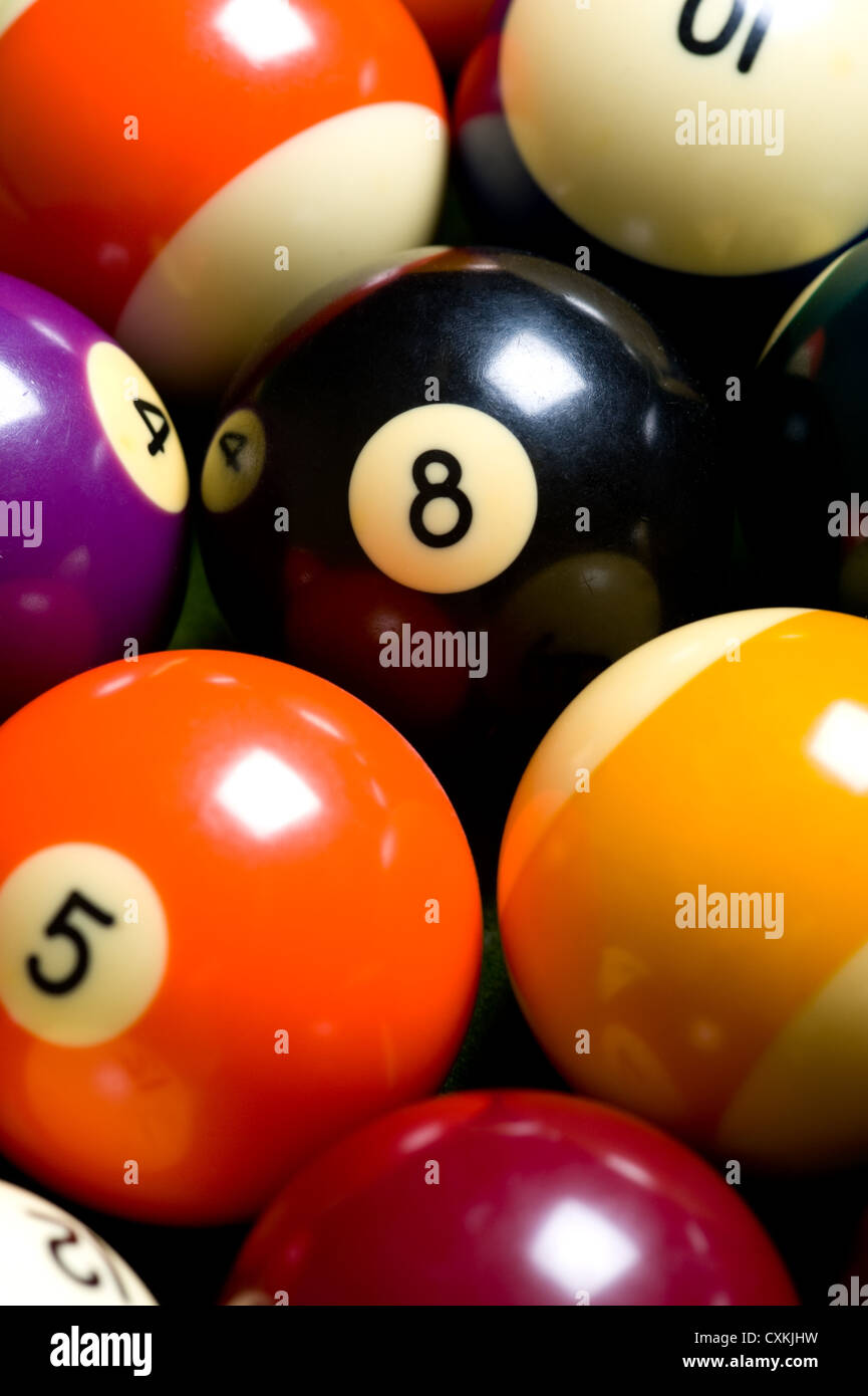 A group of pool ball or billiard balls forming a colorful background Stock Photo