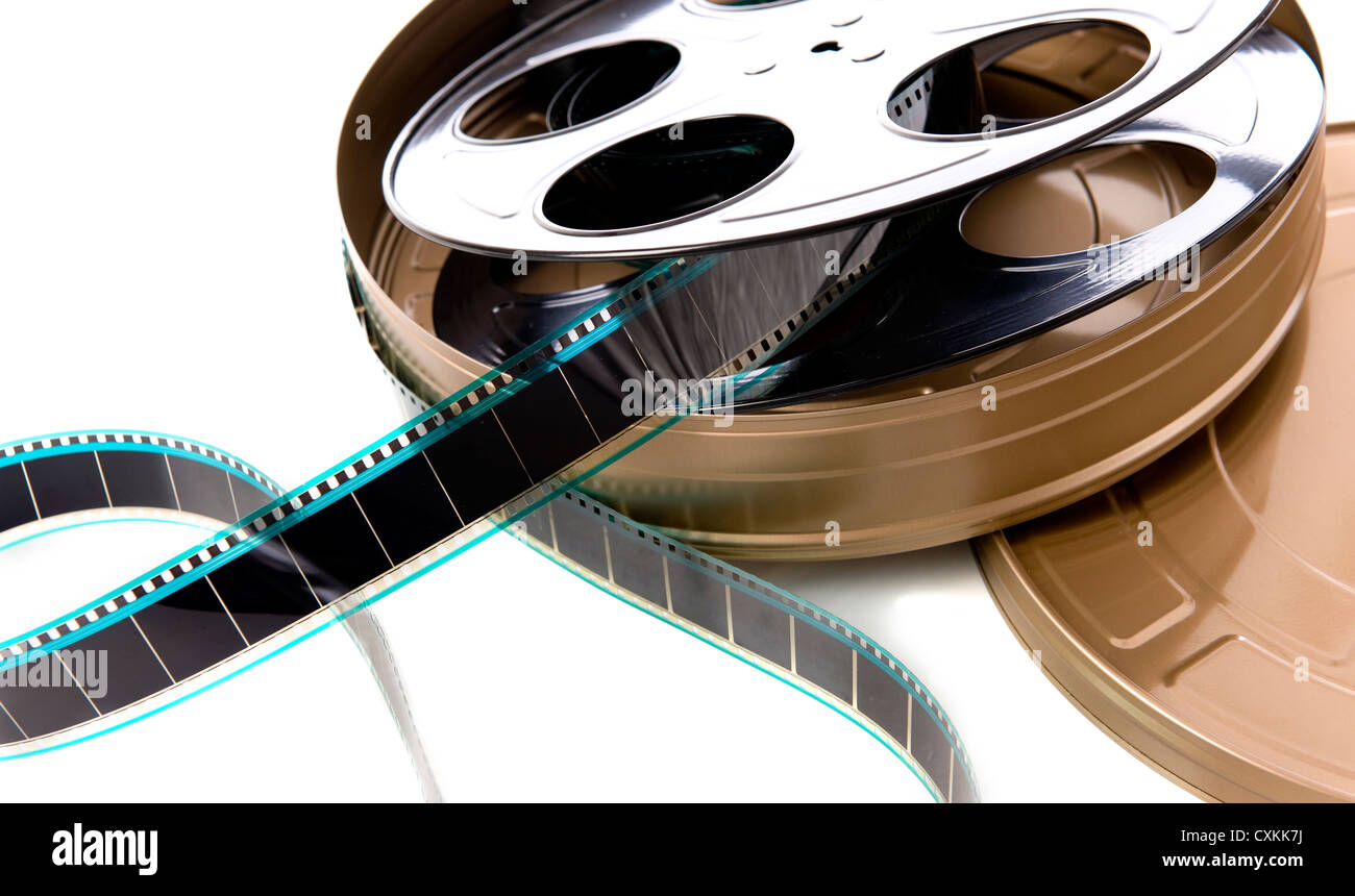 A container of film strip, film reel and film can on a white background  Stock Photo - Alamy