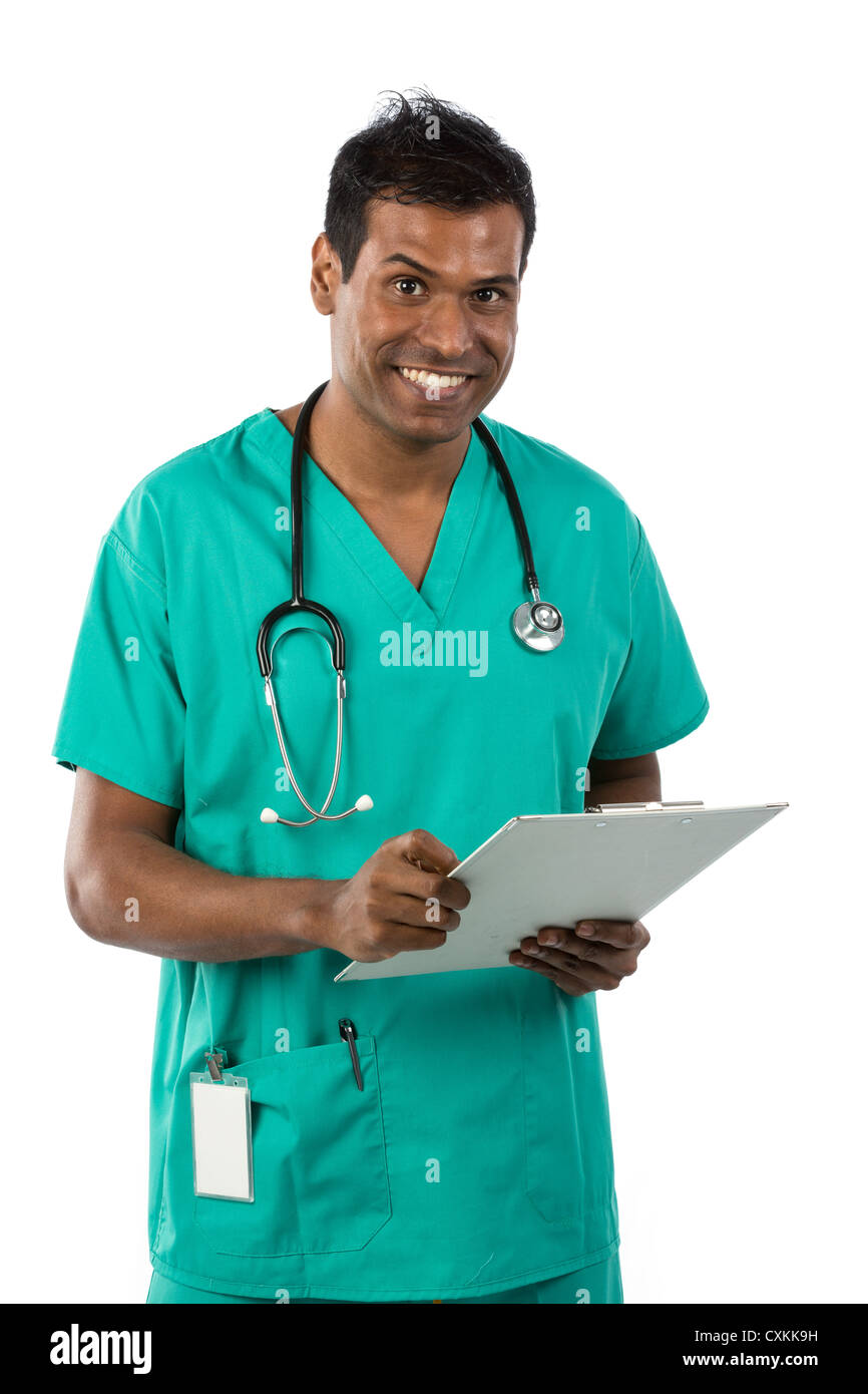 Indian doctor wearing a green scrubs. Isolated on white Stock Photo Alamy