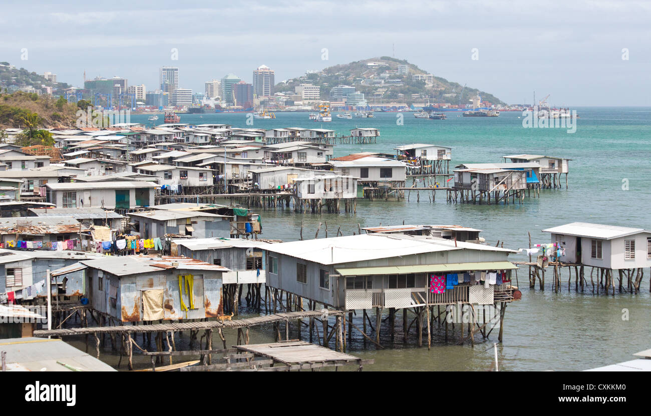 View of the water village, Hanoabada, with Port Moresby in the background, Papua New Guinea Stock Photo