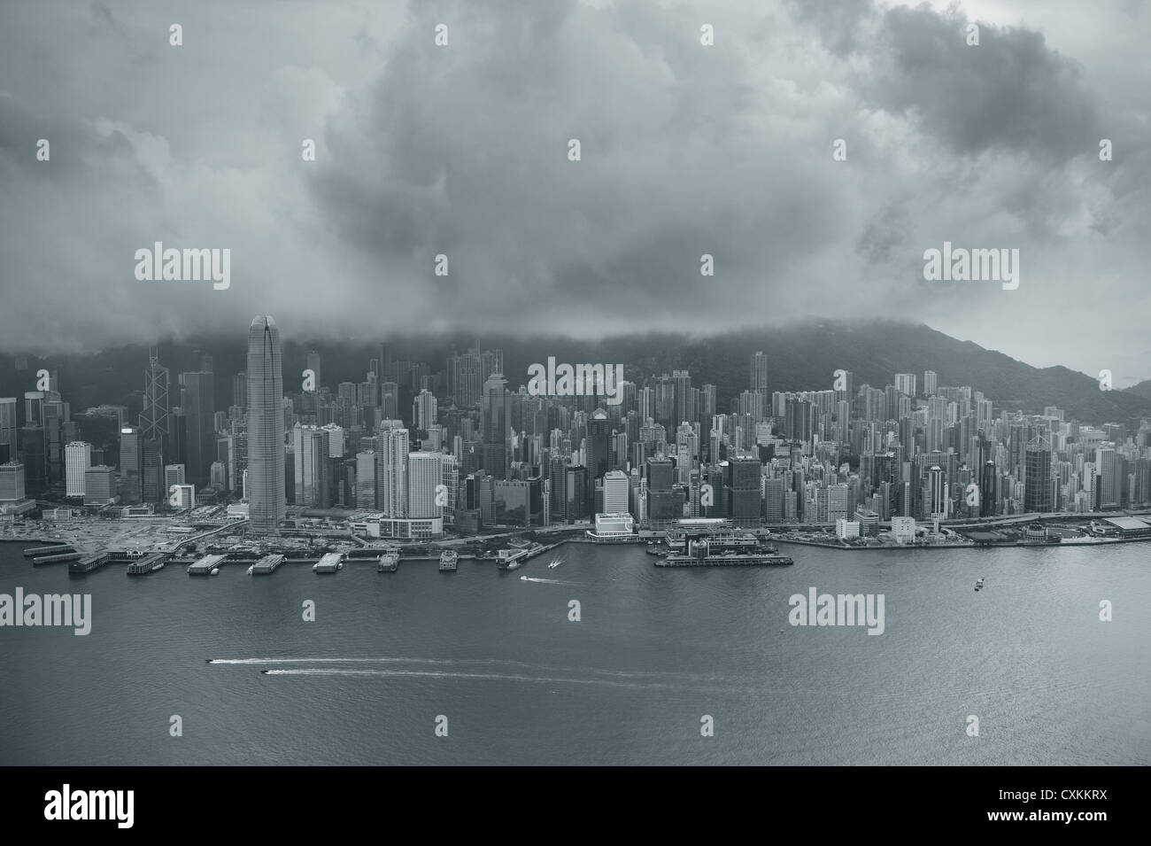 Victoria Harbor aerial view and skyline in Hong Kong with urban ...