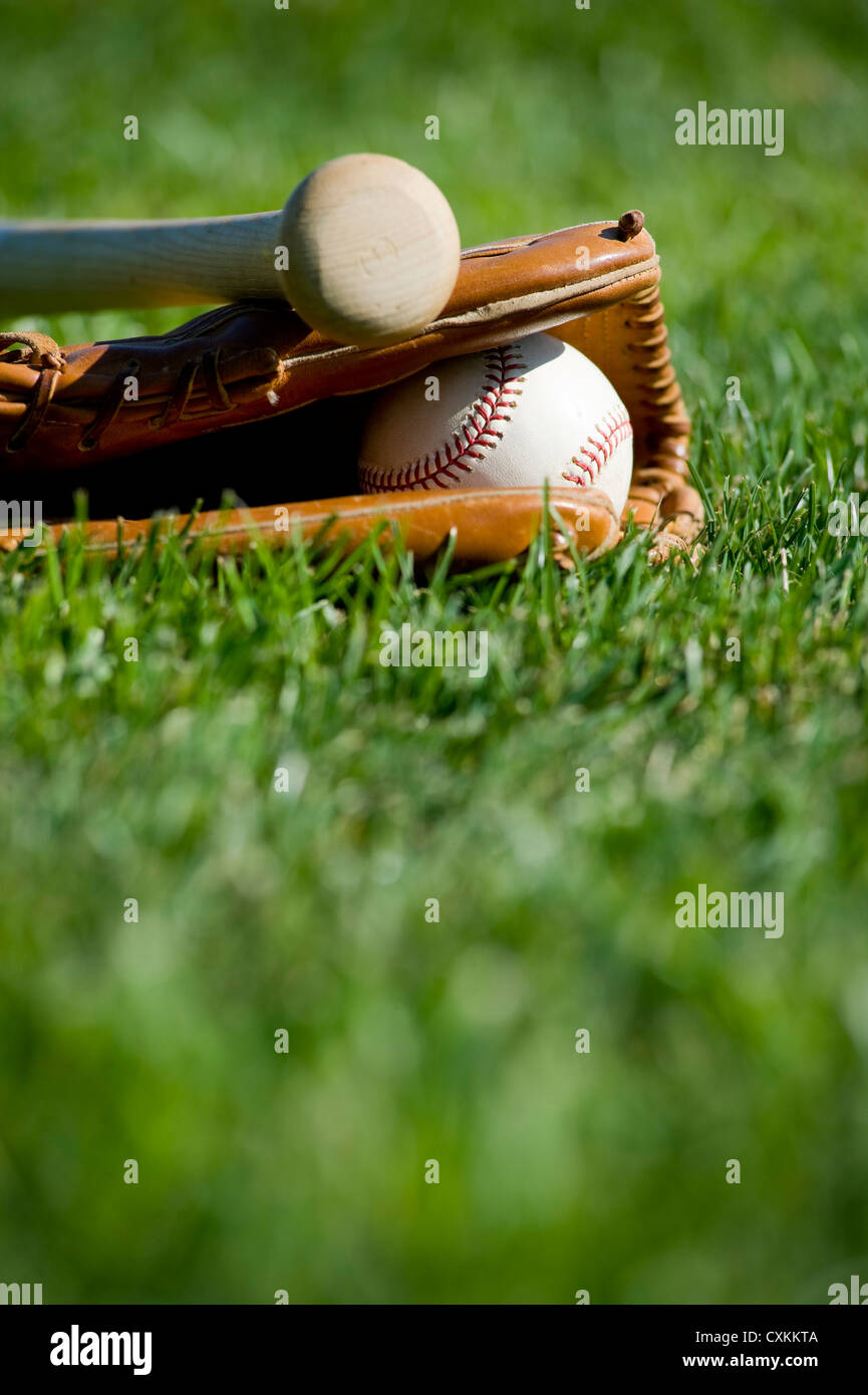 A baseball field with a leather baseball glove, a ball and a wooden bat Stock Photo