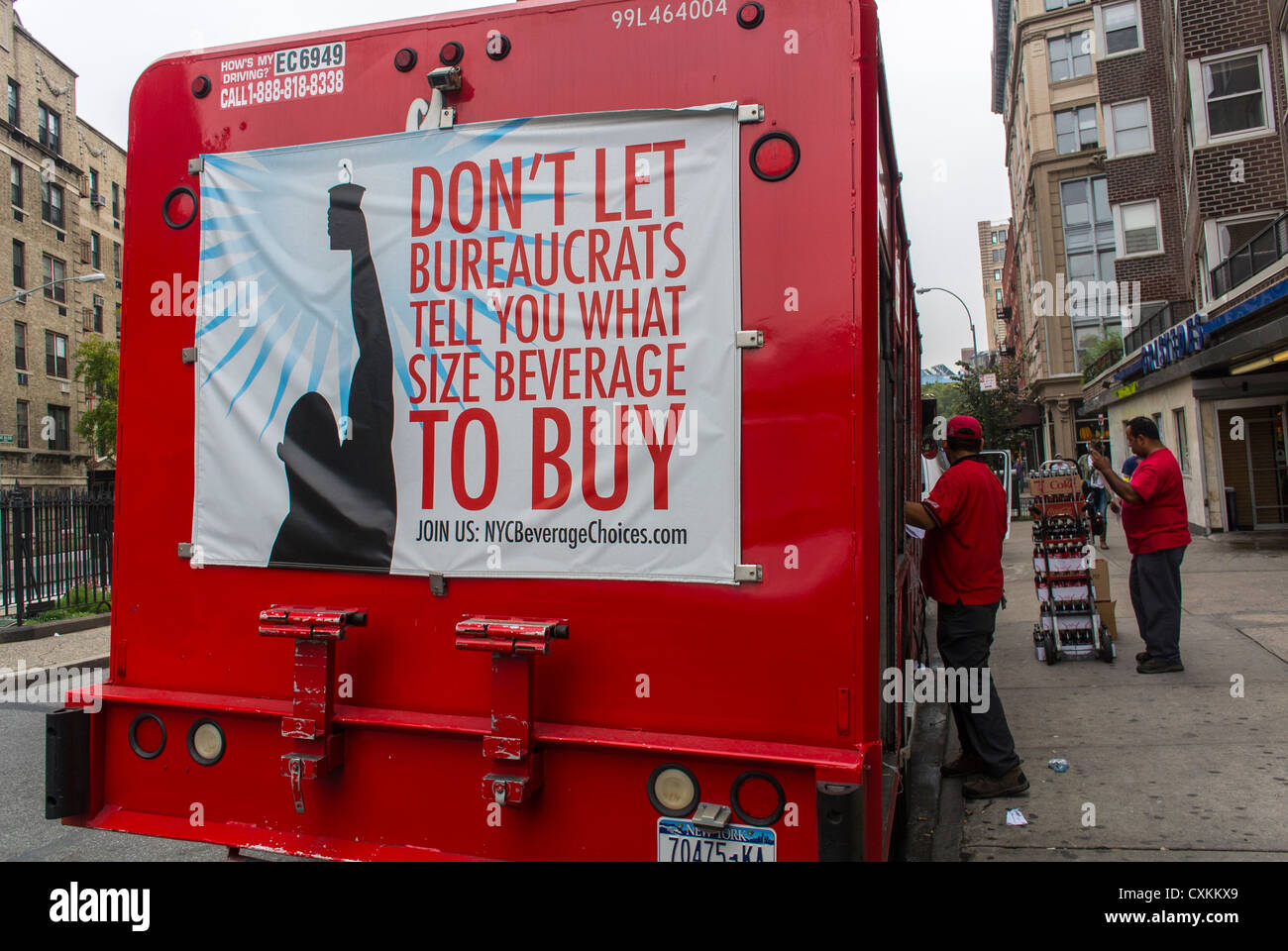 New York, NY, USA, Soft Drink, Coca COla Delivery Truck on Street with Anti-Soft Drink Law poster on back, Detail Stock Photo