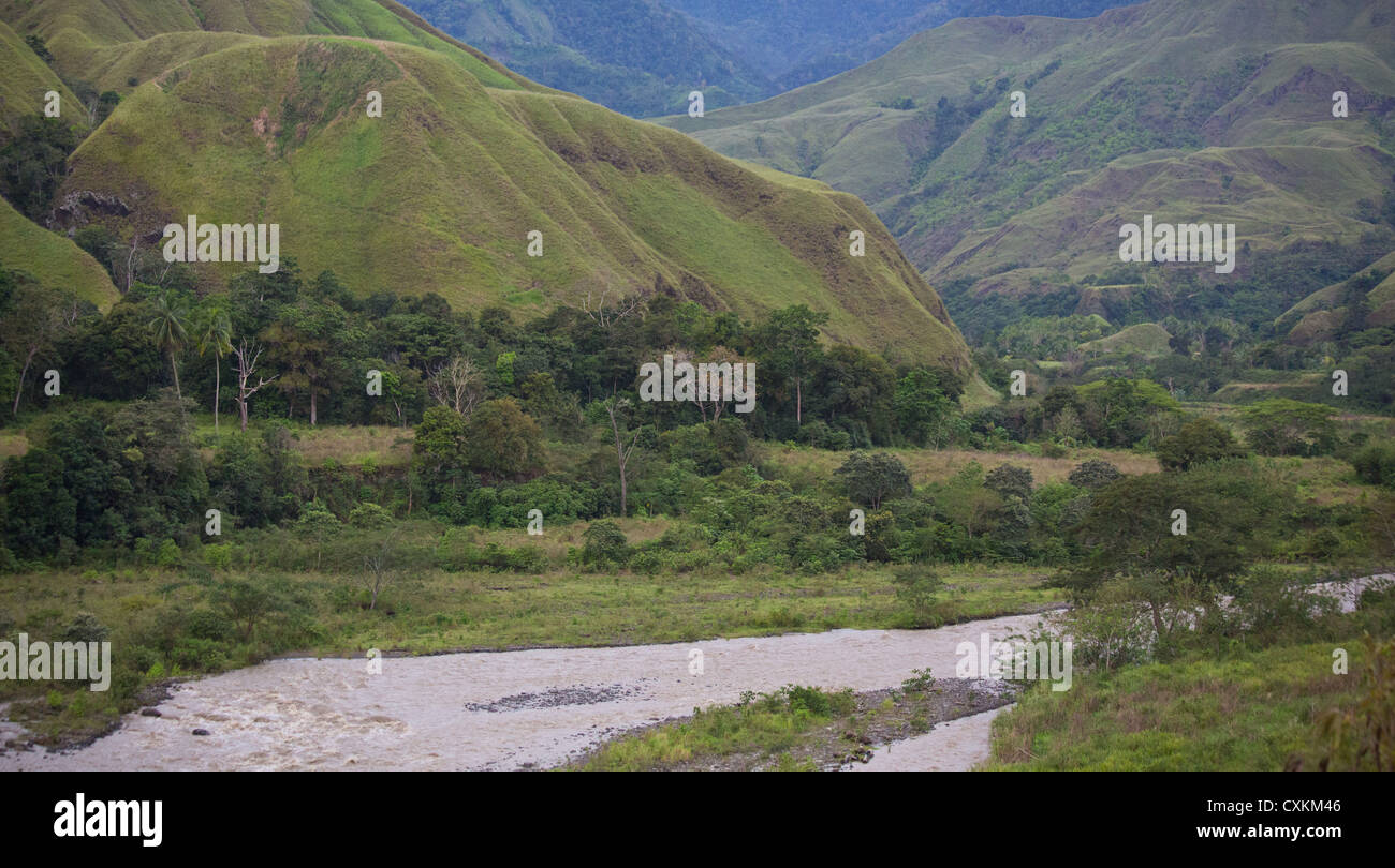 Erap river valley and forested hills in Lae province, Papua New Guinea Stock Photo