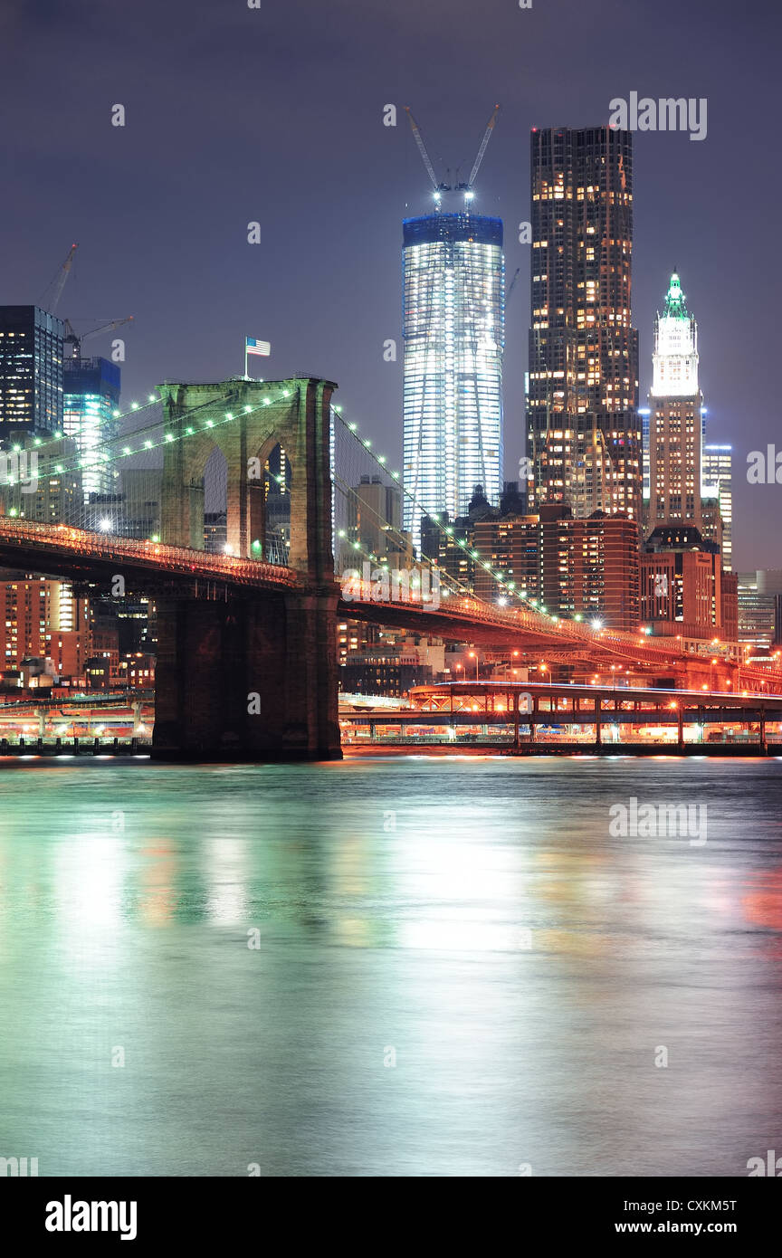 New York City Brooklyn Bridge with downtown skyline over East River ...