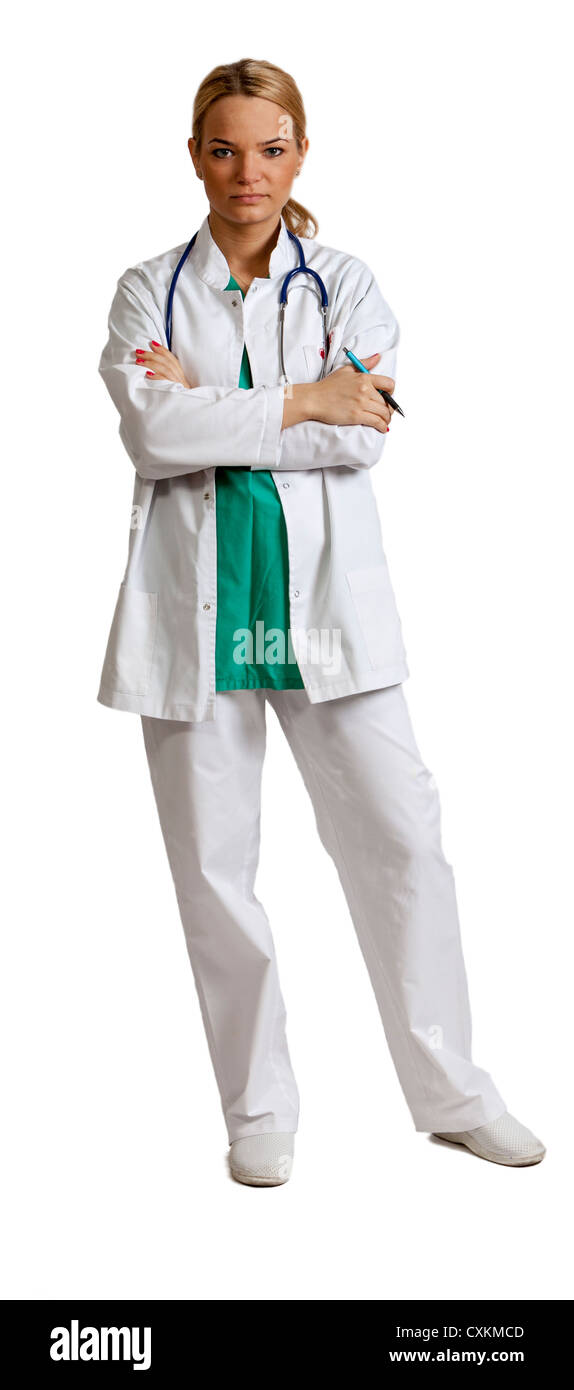 Image of a young blonde woman doctor isolated against a white ...