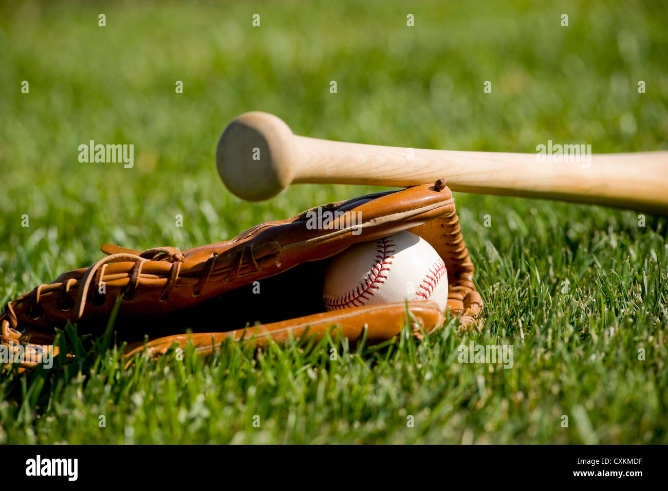 A baseball field with a leather baseball glove, a ball and a wooden bat