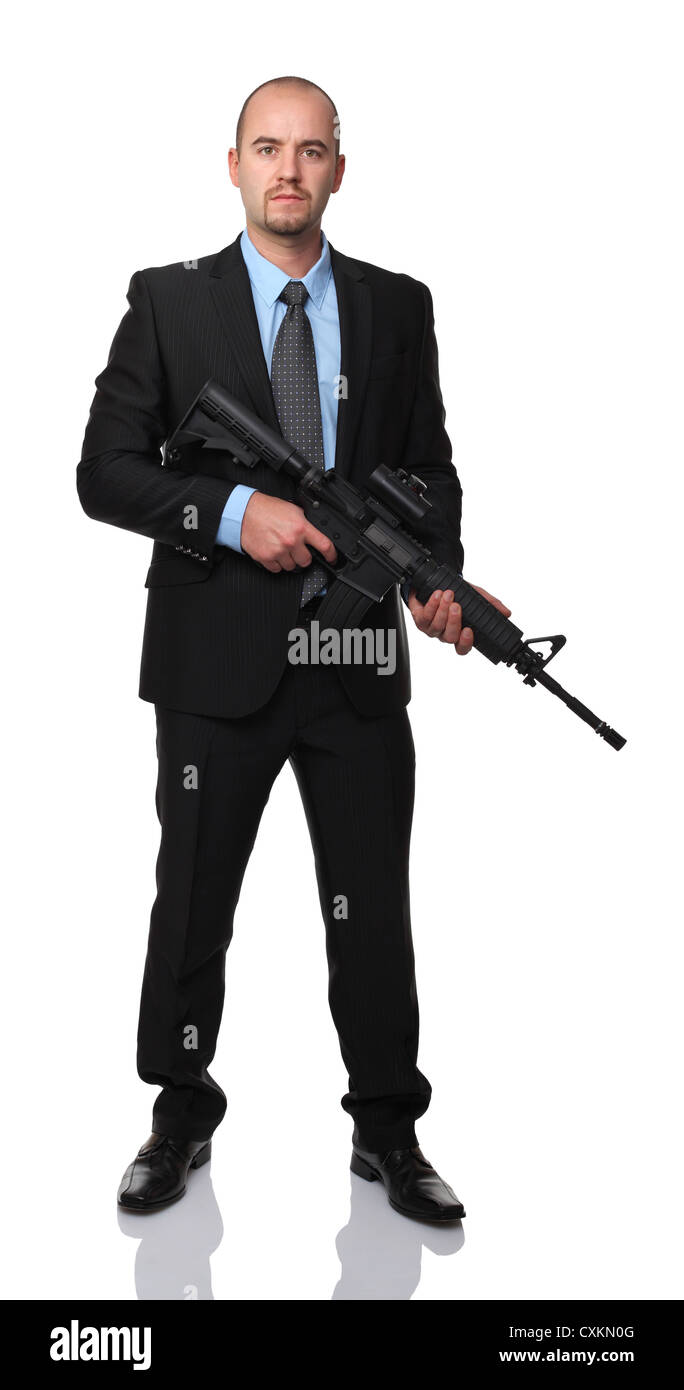 businessman with rifle isolated on white Stock Photo