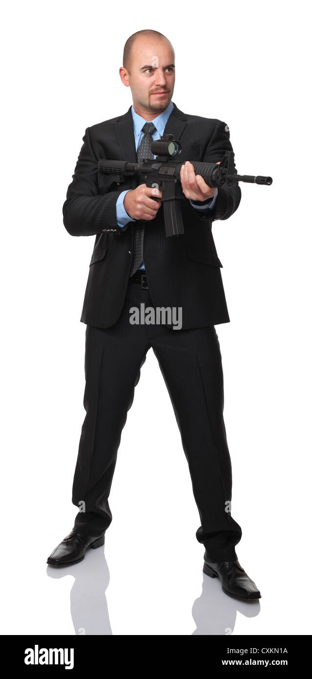 businessman with rifle isolated on white Stock Photo