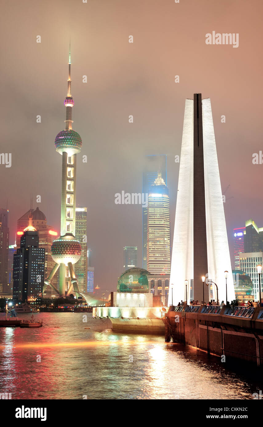 The Monument to the People's Heroes and shanghai skyline at night Stock Photo