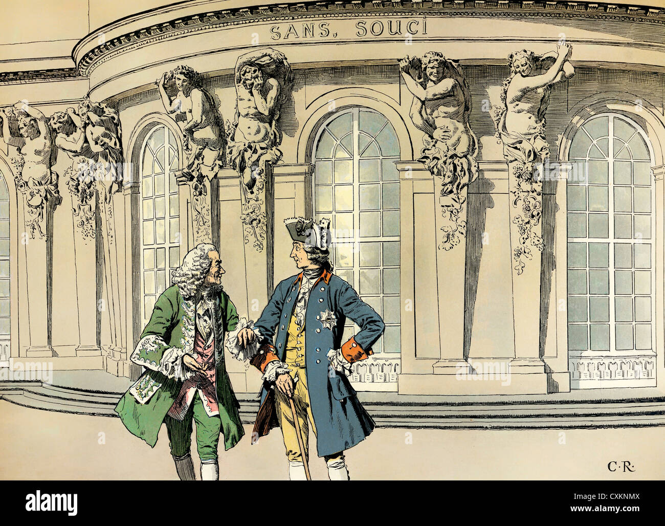 Sanssouci Palace, Voltaire and Frederick the Great or Frederick II, history painting from the 19th century Stock Photo