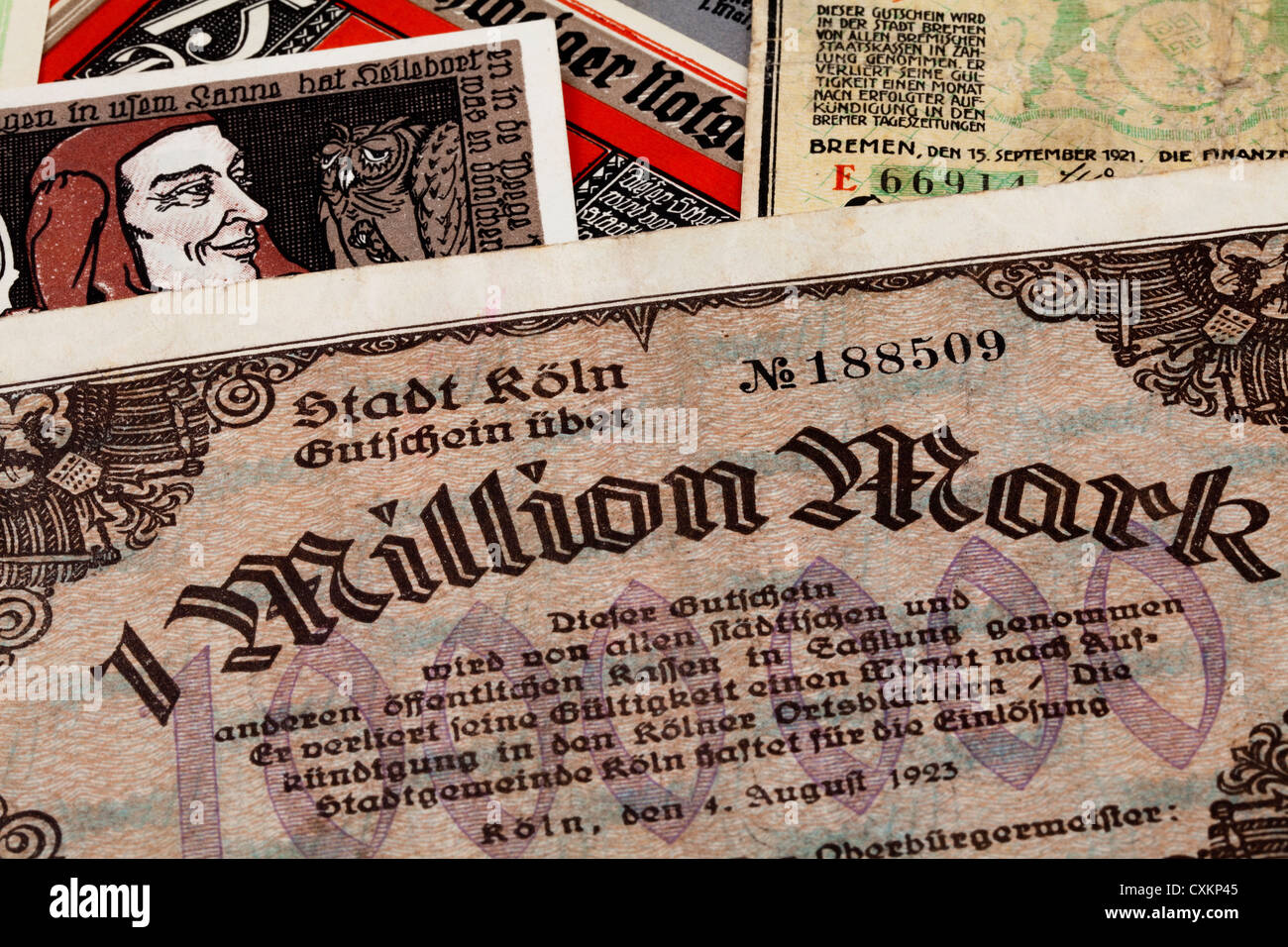 German bank notes, emergency money, one million marks, city of Cologne,Deutsche Notgeldscheine, 1 Million Mark, Stadt Köln Stock Photo