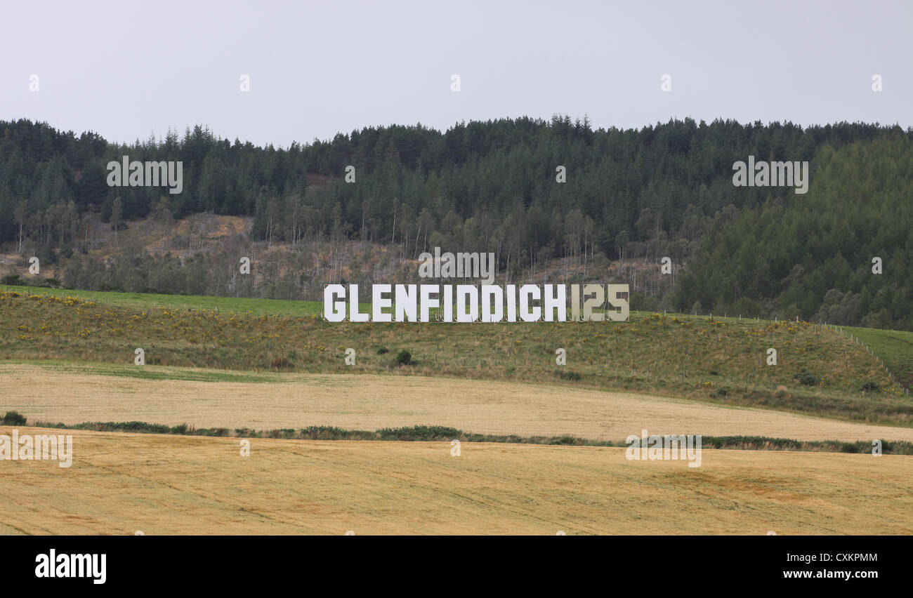 sign celebrating 125 years of Glenfiddich Dufftown Scotland September ...
