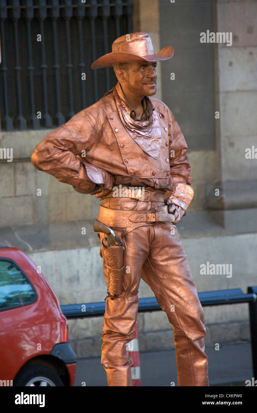 human statue street performer in las ramblas street in barcelona.spain,europe Stock Photo