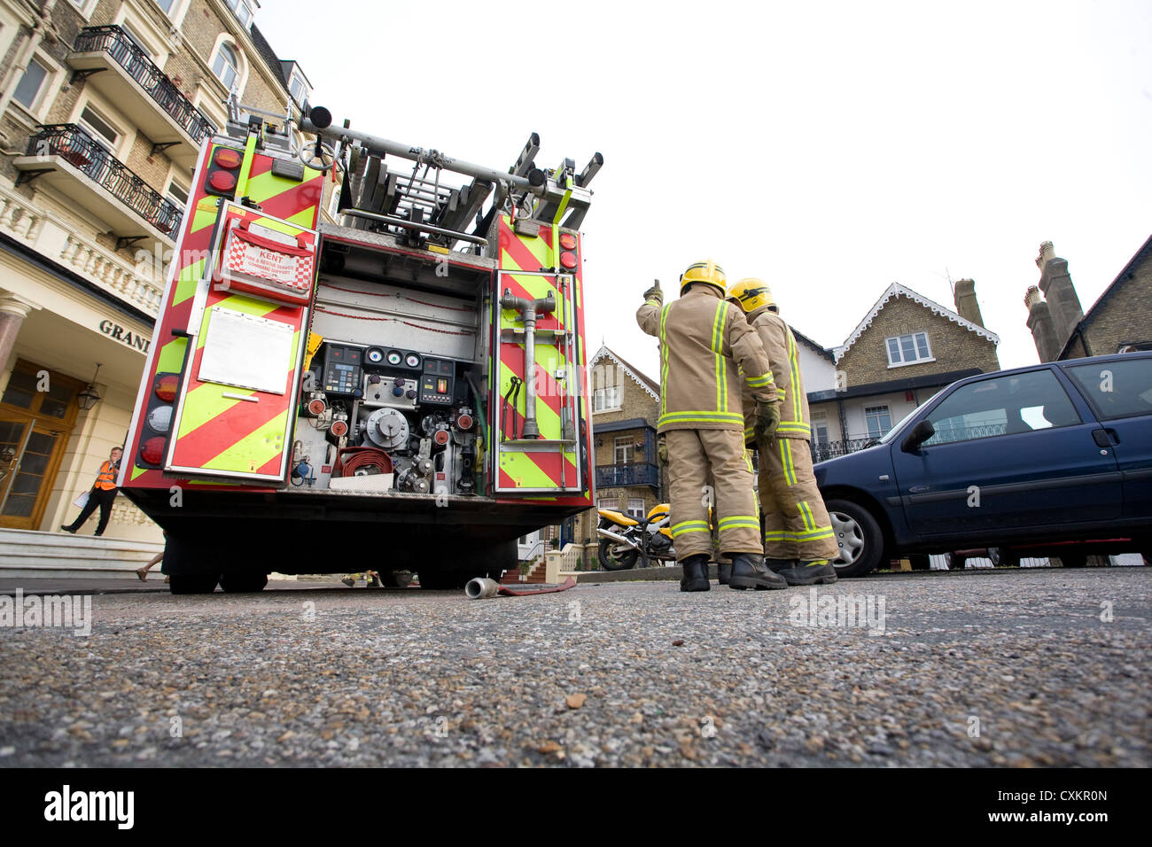 Kent Fire and Rescue training exercise with firefighting personnel and