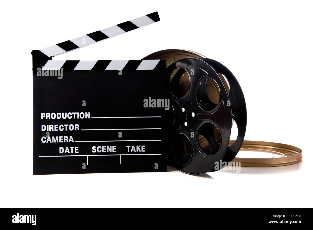 Hollywood movie items including a clapboard and a movie reel and tin on a  white background Stock Photo - Alamy