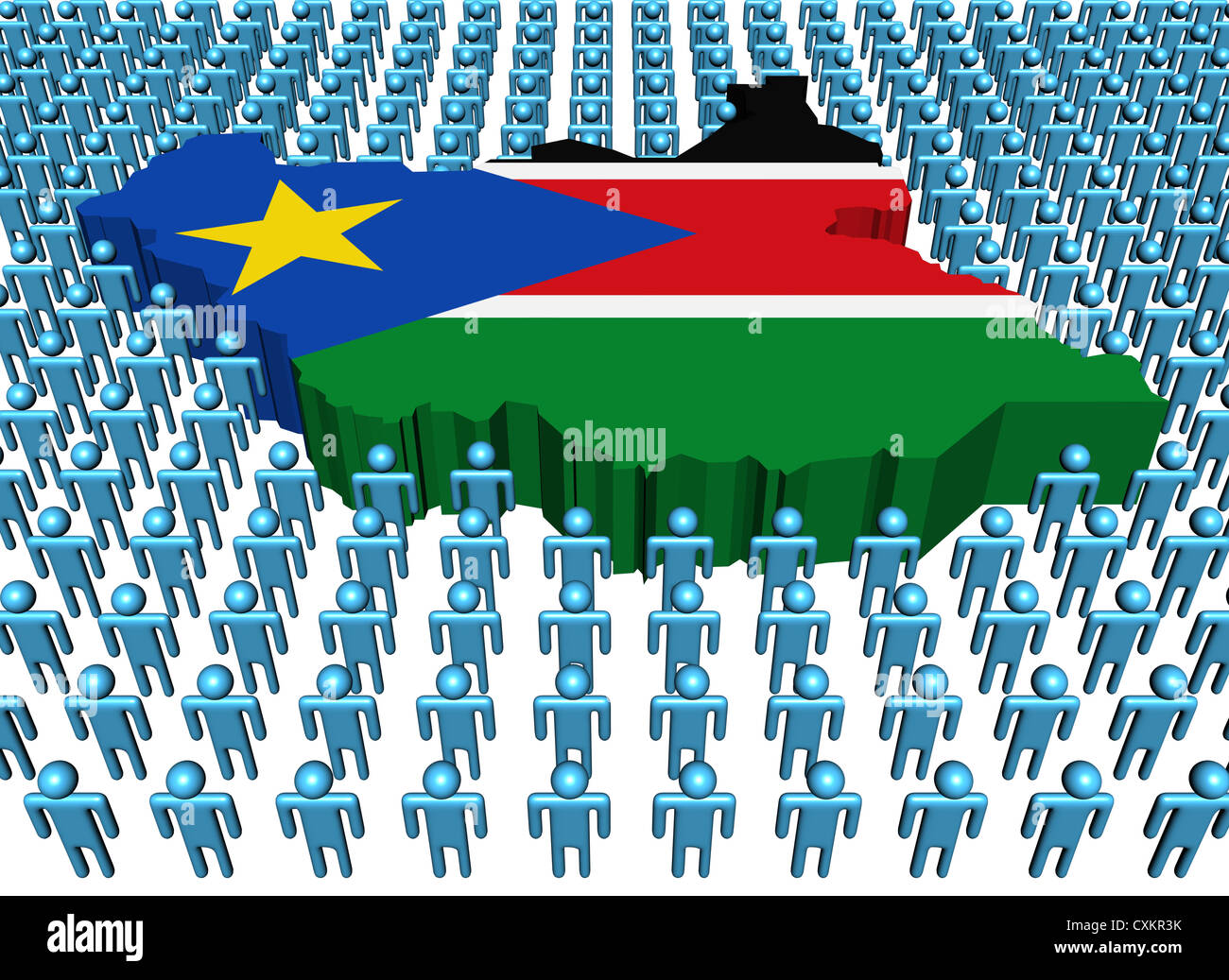 South Sudan map flag surrounded by many abstract people illustration Stock Photo