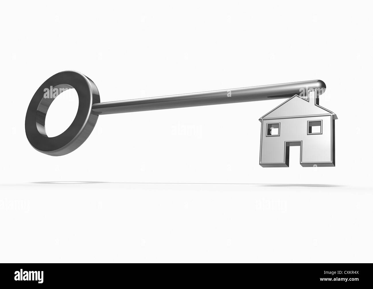 3D render of a silver key with the blade in the shape of a house on white background - Concept image Stock Photo