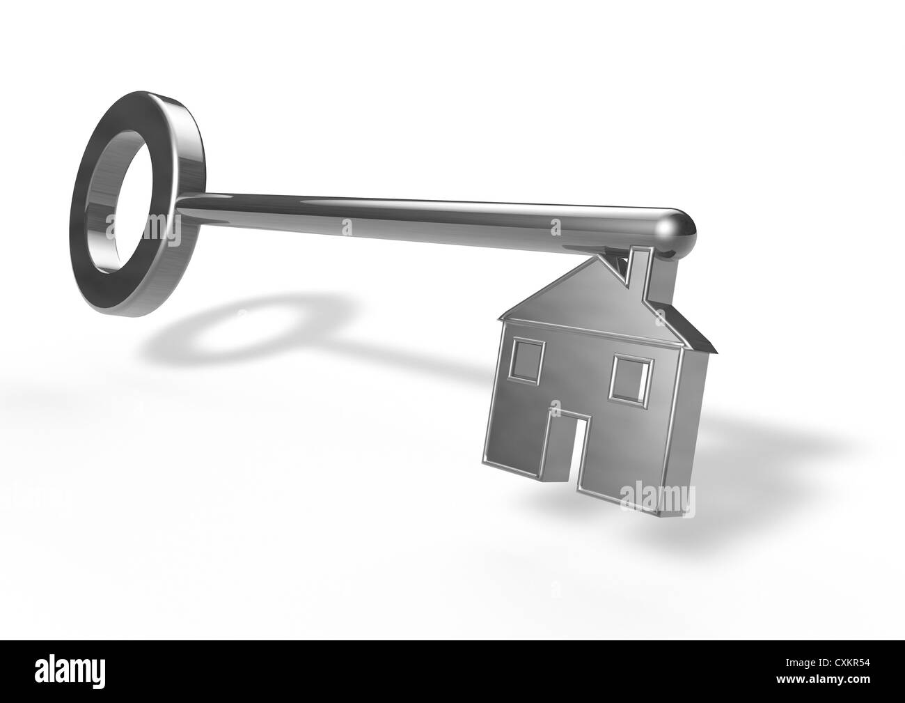 3D render of a silver key with the blade in the shape of a house on white background - Concept image Stock Photo