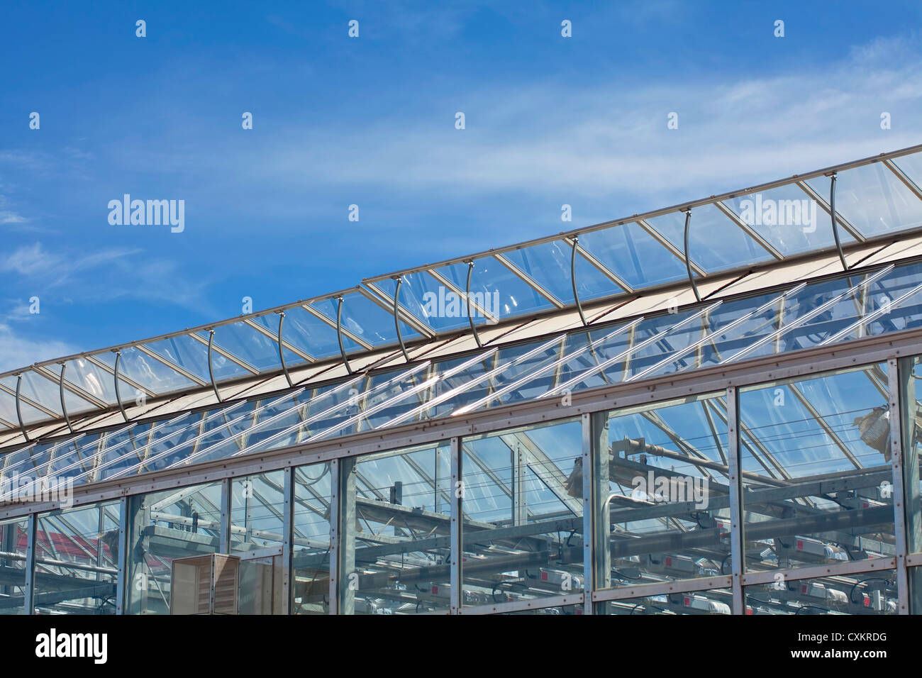 Vents on a large commercial glass greenhouse Stock Photo Alamy
