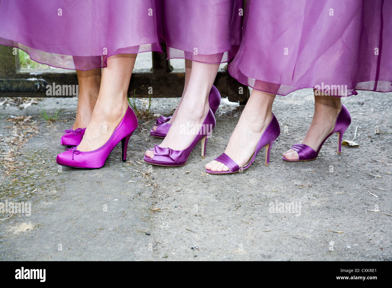 Bridesmaid's feet and ankles with purple high heeled shoes, showing hems of dresses Stock Photo