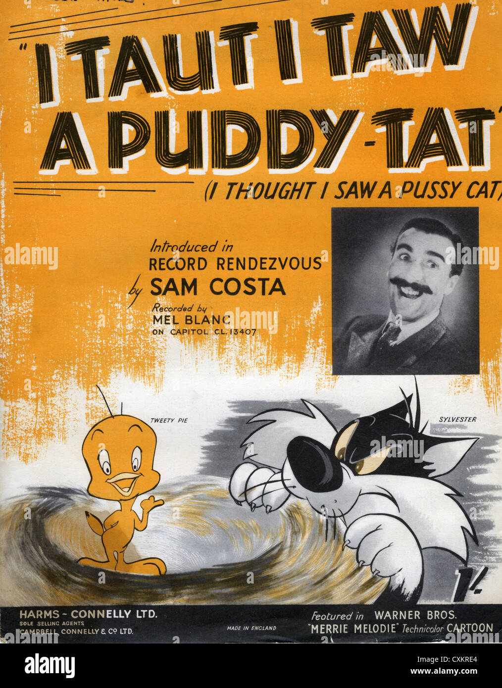 I TAUT I TAW A PUDDY TAT Sheet music for song composed in 1950 recorded by Mel Blanc as played on BBC radio by Sam Costa Stock Photo