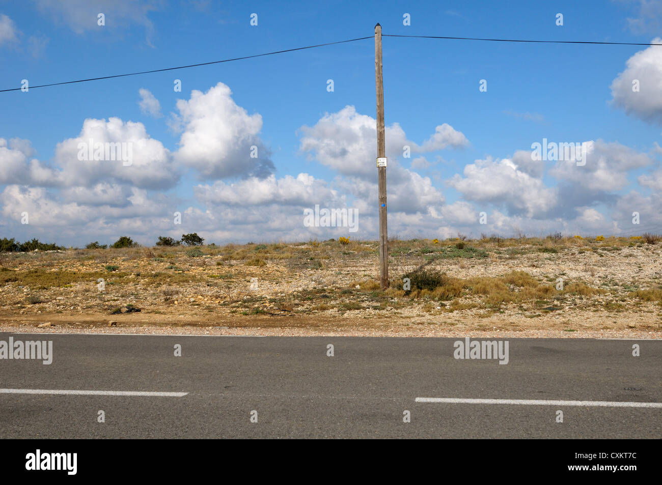 Utility Pole on Side of Country Road, Murviel-les-Montpellier, Herault, France Stock Photo