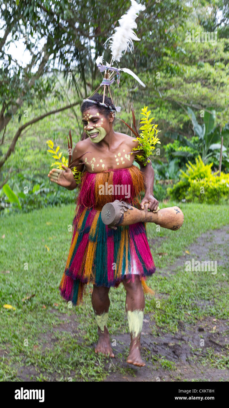 Tribal woman wearing traditional dress in a small village in the Erap valley, Papua New Guinea Stock Photo