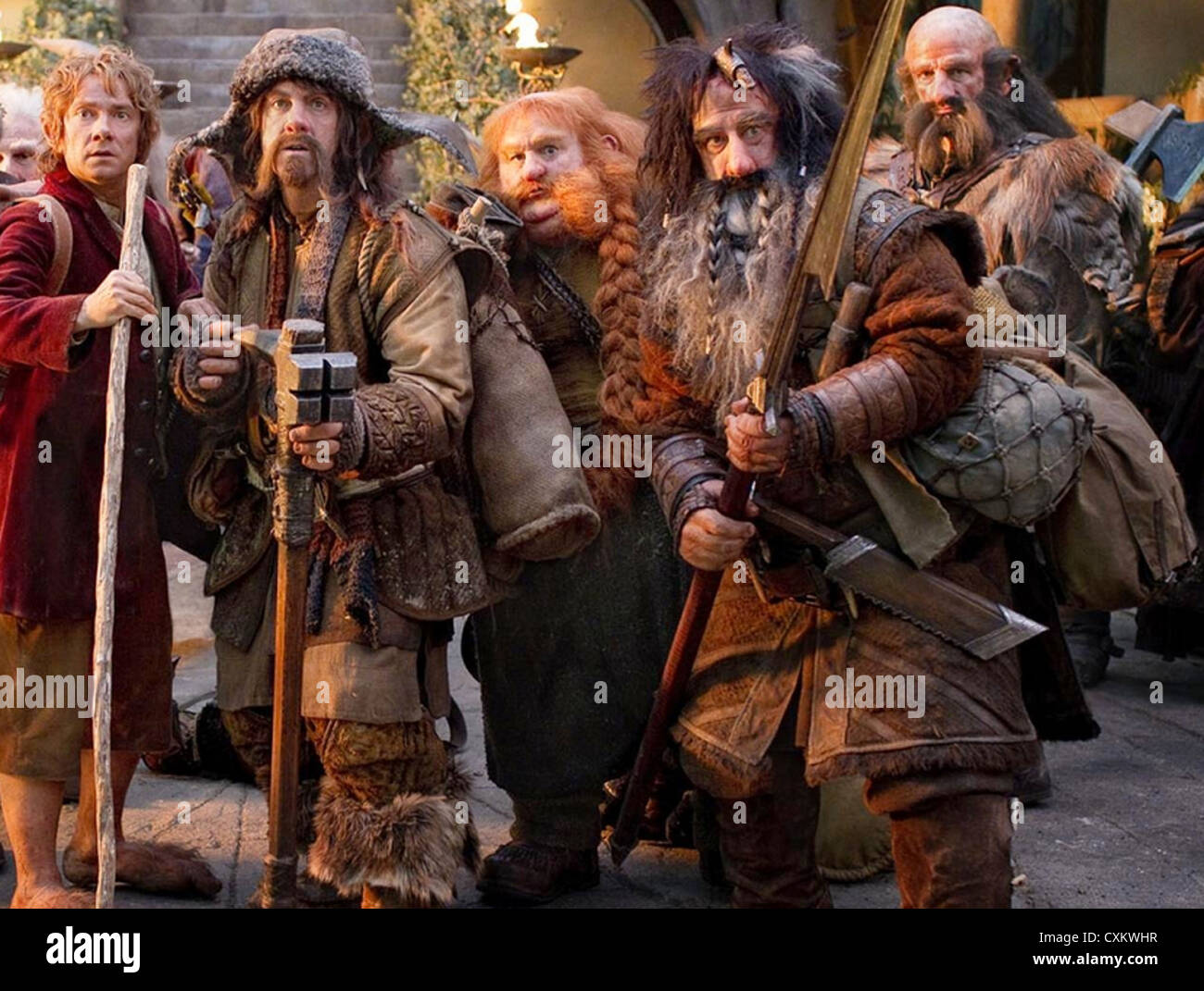THE HOBBIT: AN UNEXPECTED JOURNEY Warner Bros Pictures 2012 film with Martin Freeman as Bilbo Baggins at left Stock Photo