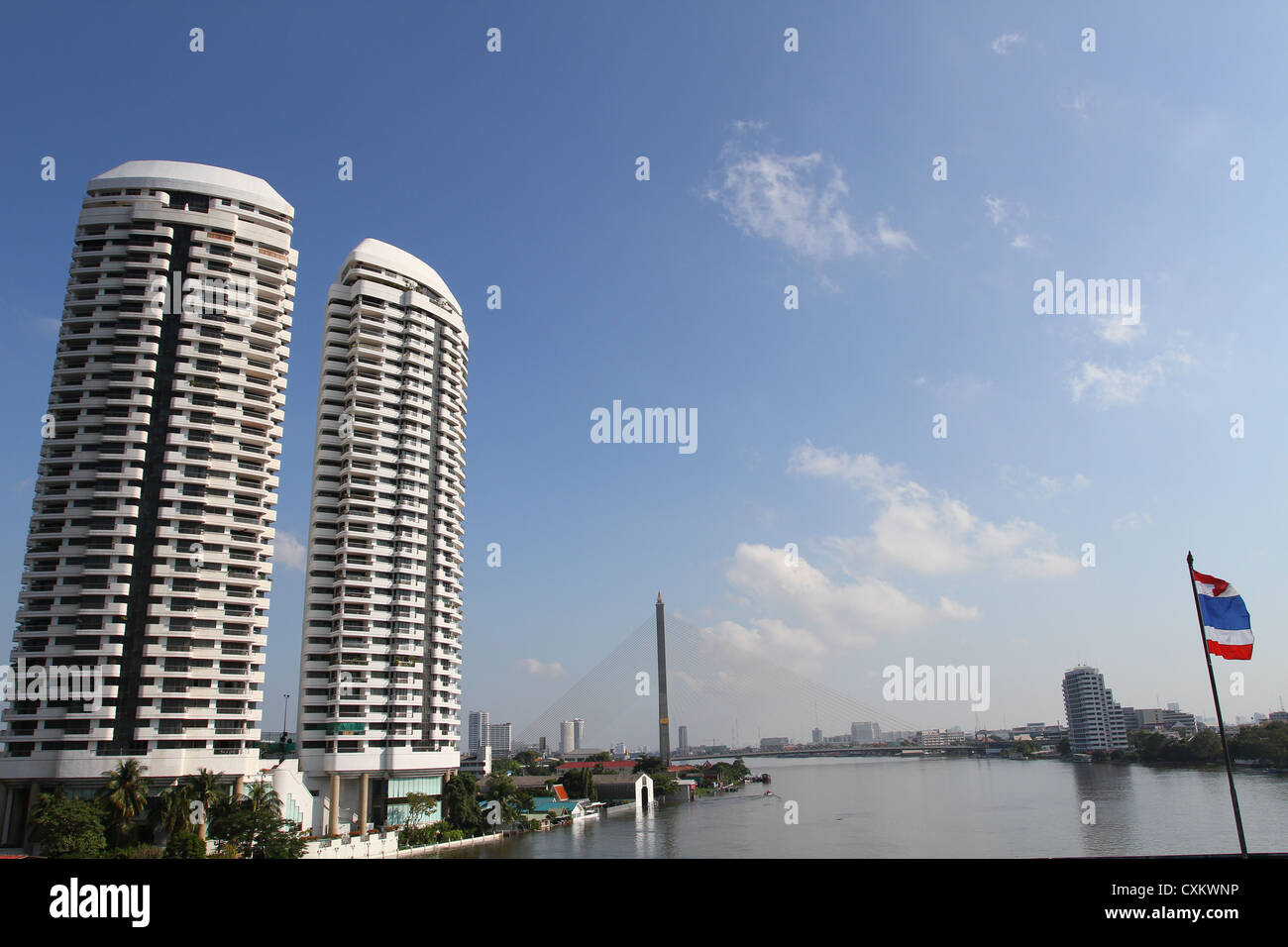 city landscape tower and Thai flag Stock Photo
