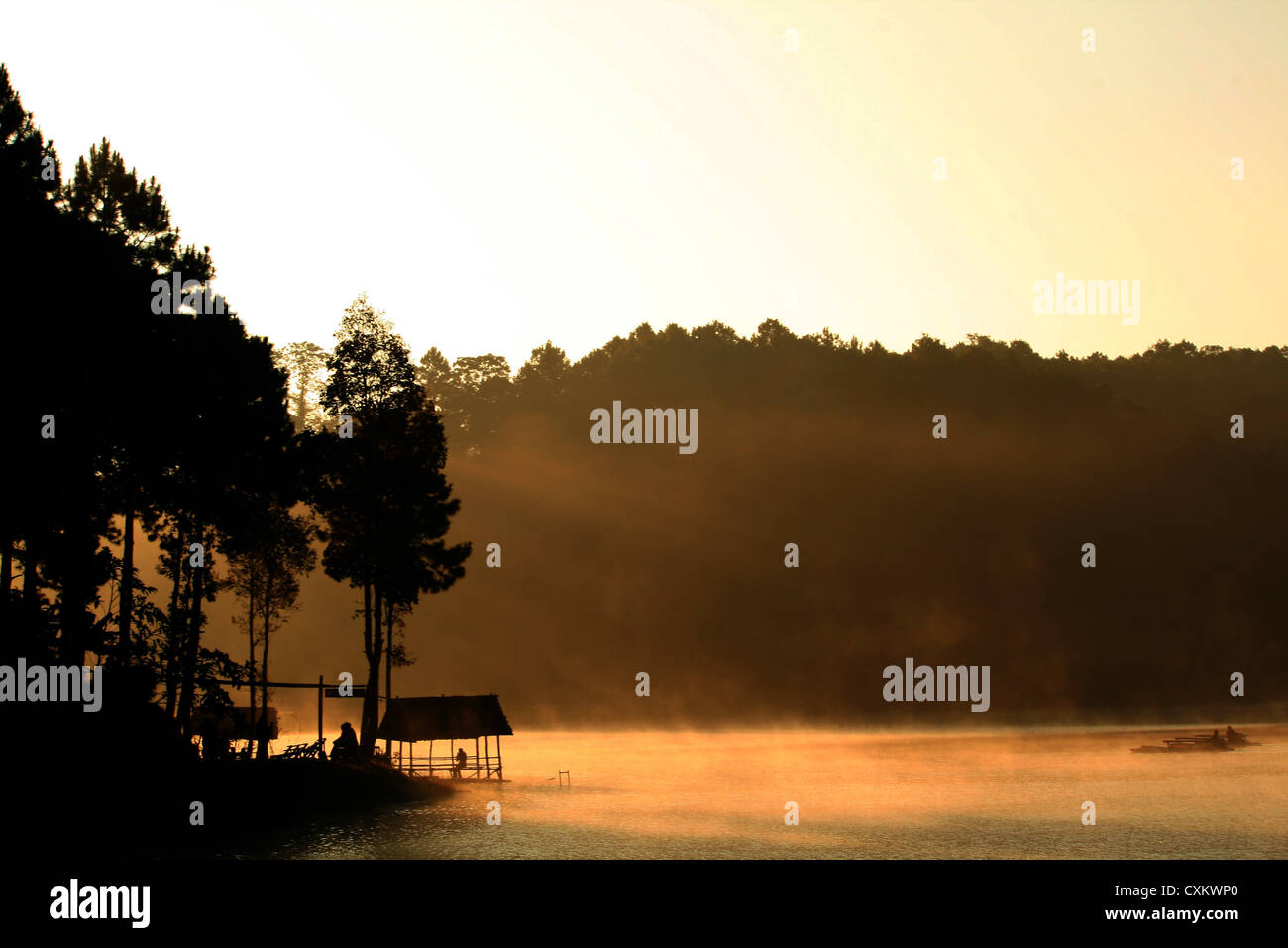 landscape beautiful sun light on lake and boat Stock Photo