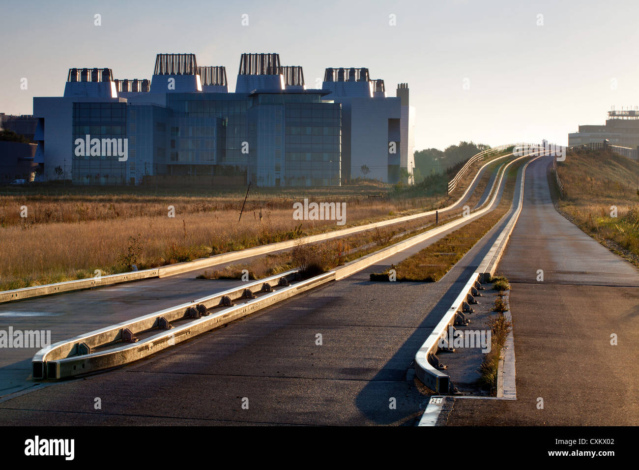 Cambridge Guided busway, looking across to Addenbrookes Hospital sunrise. Stock Photo