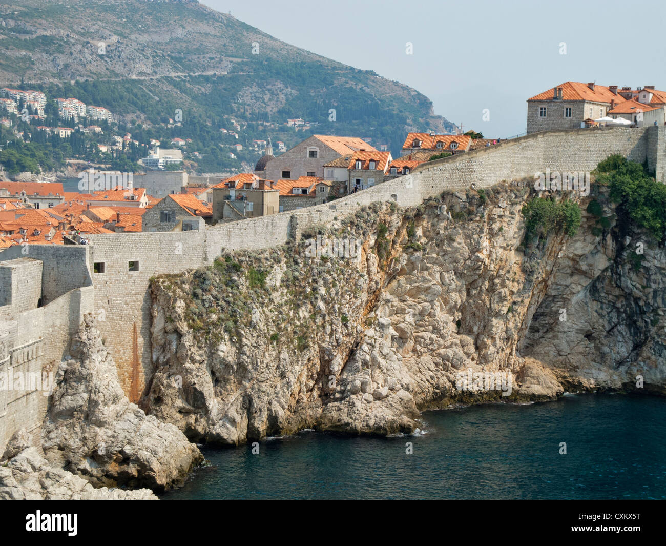 View on the city wall of old town Dubrovnik, Croatia shot from Dubrovnik castle Stock Photo