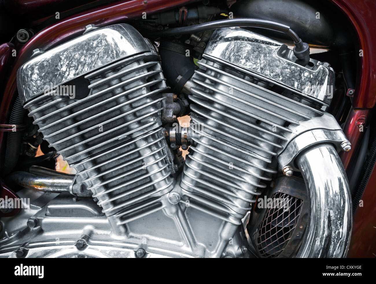 Shiny chromium-plated motorcycle engine closeup photo Stock Photo