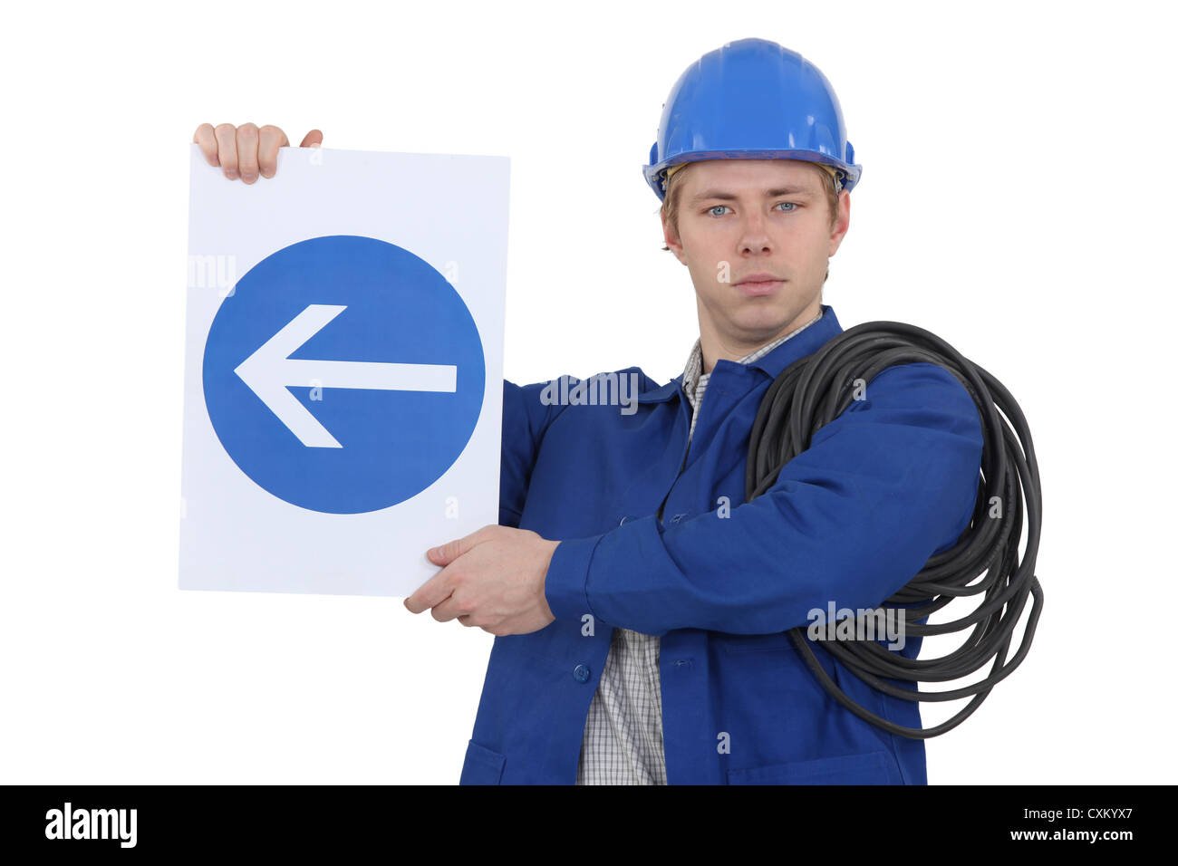 Electrician holding directional road sign Stock Photo Alamy