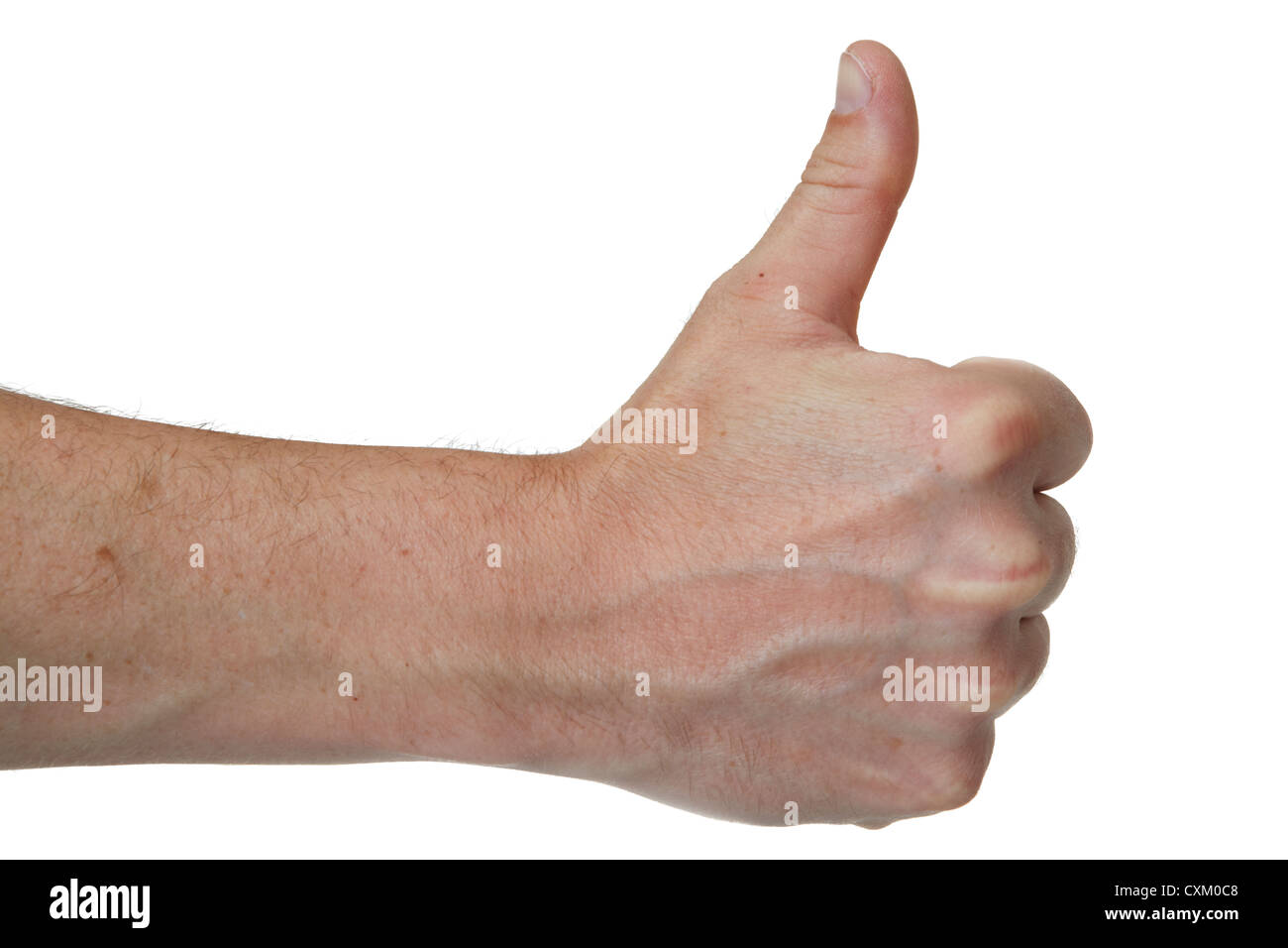 Thumbs up. Male hand gesture on plain white.  Cut Out Stock Photo