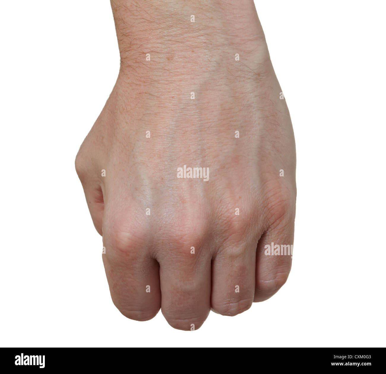 Holding from above. Male hand gesture on plain white.  Cut Out Stock Photo