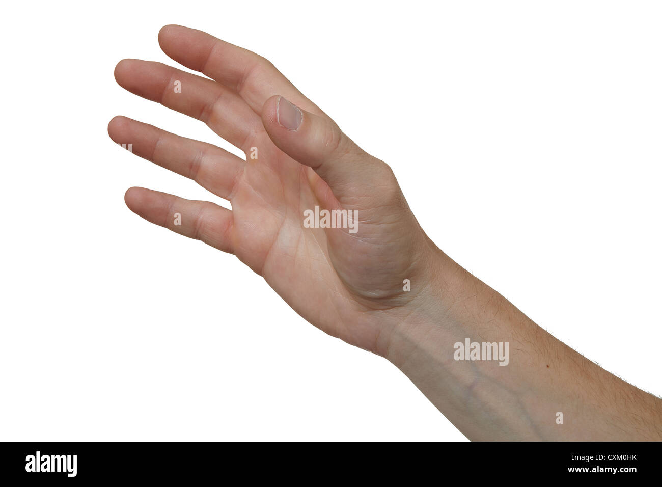 Throwing / reaching. Male hand gesture on plain white. Cut Out Stock