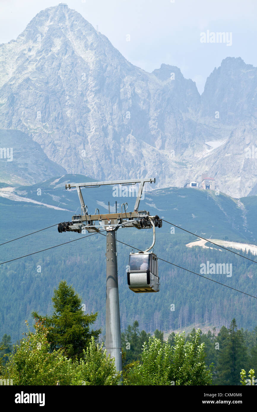 Cable car cabin against Lomnicky peak in High Tatras mountains, Slovakia Stock Photo