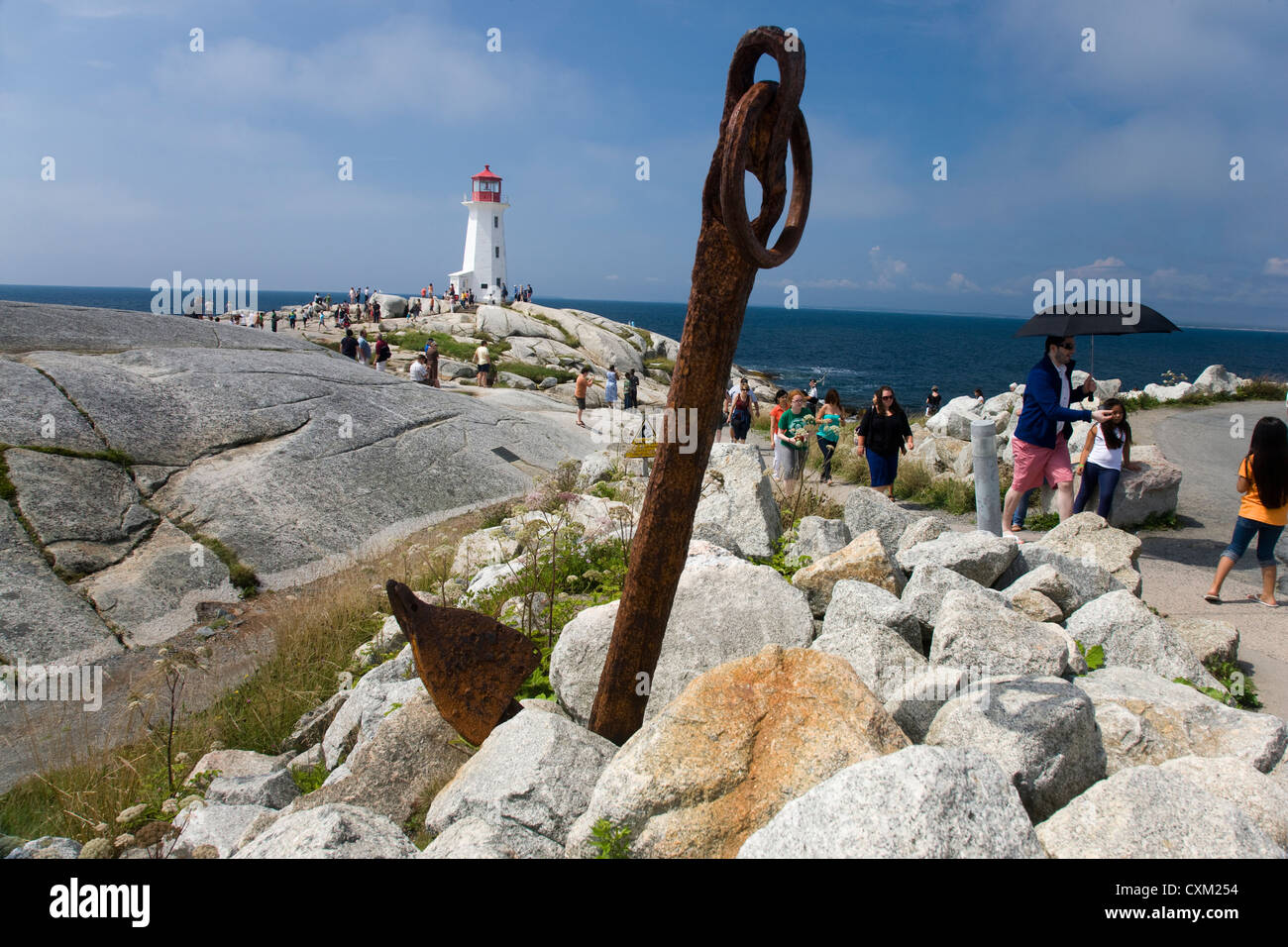 Peggy's Cove fishing village, lighthouse and anchor, in Nova Scotia, Canada Stock Photo
